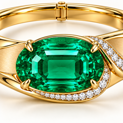 MISSISSI Verdant Fold GE26-B05 oval emerald and asymmetric diamond ribbon setting detail; design visualization.