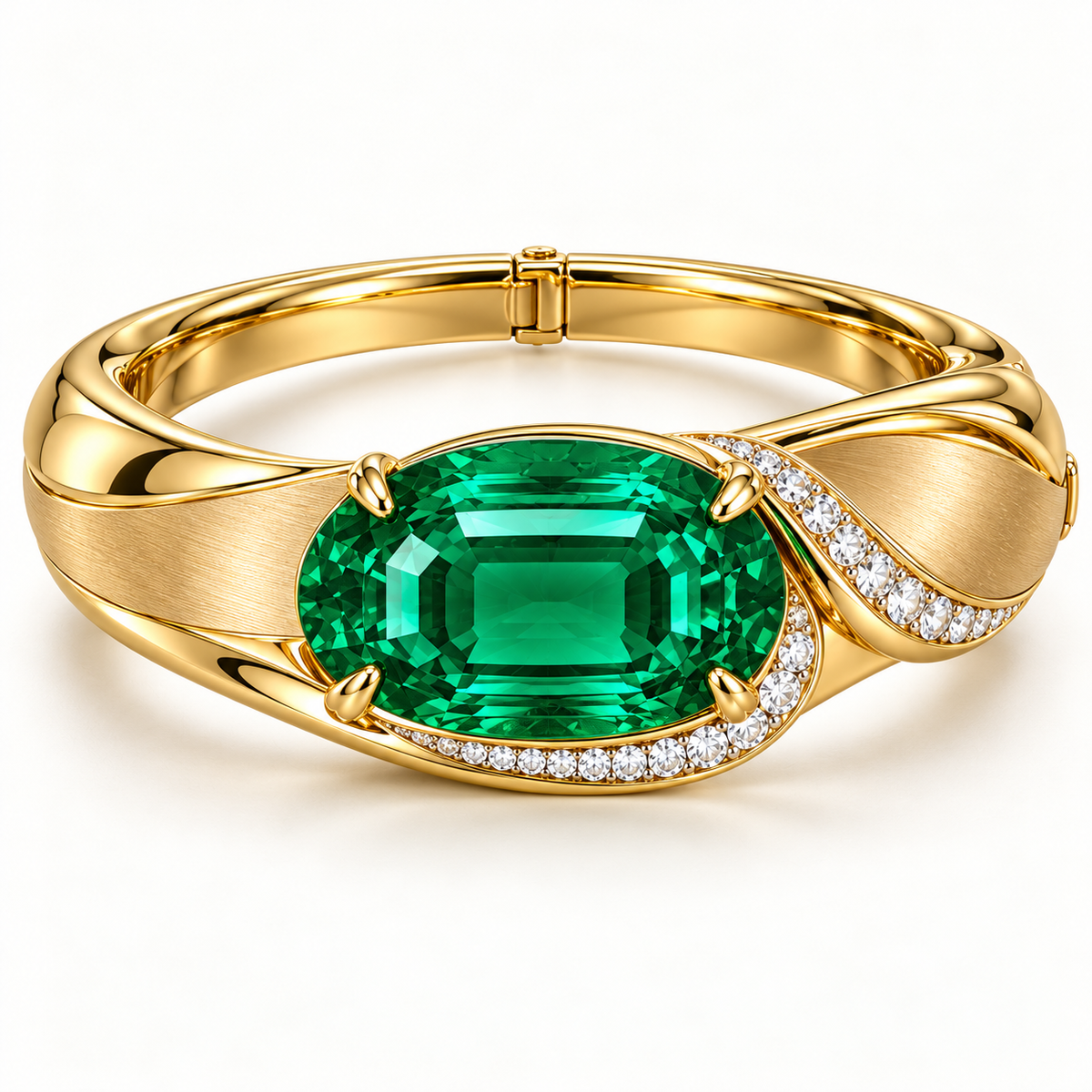 MISSISSI Verdant Fold GE26-B05, oval green emerald bangle with white diamond accents; gold-color design visualization.
