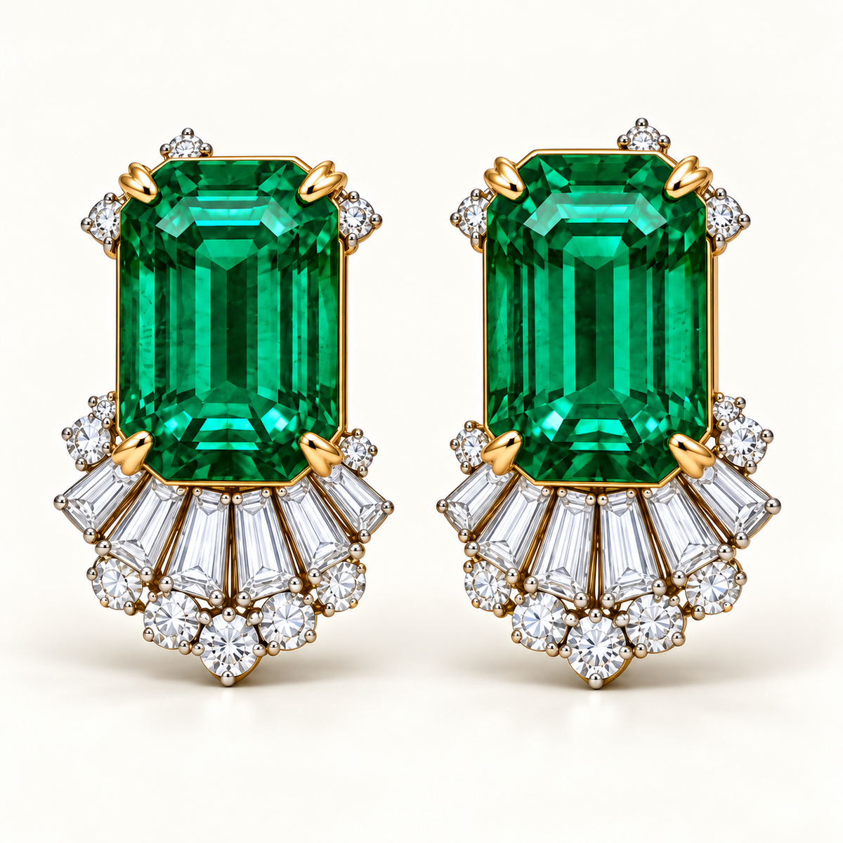 MISSISSI Verdant Fan GE26-E01, matching emerald-cut emerald earrings in a subtly oblique front view; gold-color design visualization.