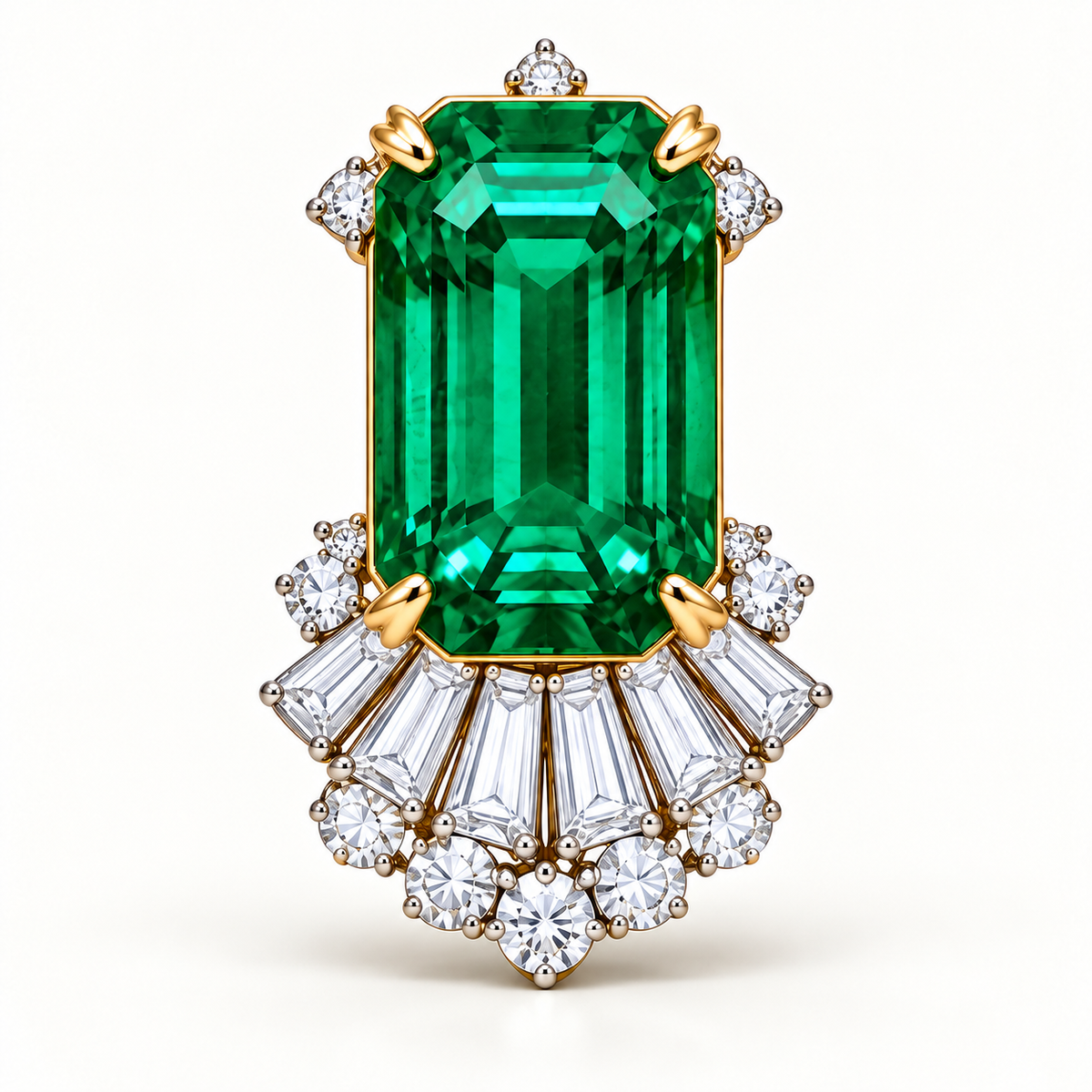 MISSISSI Verdant Fan GE26-E01, individual earring front study showing the complete emerald and diamond fan; design visualization. Sold as a matched pair.