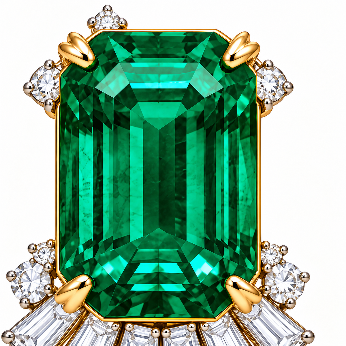 MISSISSI Verdant Fan GE26-E01, emerald-cut lab-grown emerald and paired gold claw detail; design visualization.