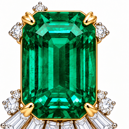 MISSISSI Verdant Fan GE26-E01, emerald-cut lab-grown emerald and paired gold claw detail; design visualization.