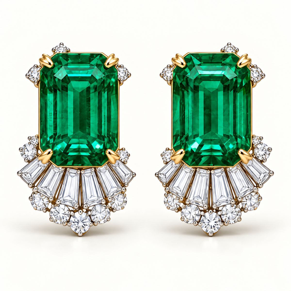 MISSISSI Verdant Fan GE26-E01, emerald cut green emerald earrings with white diamond accents; gold-color design visualization.