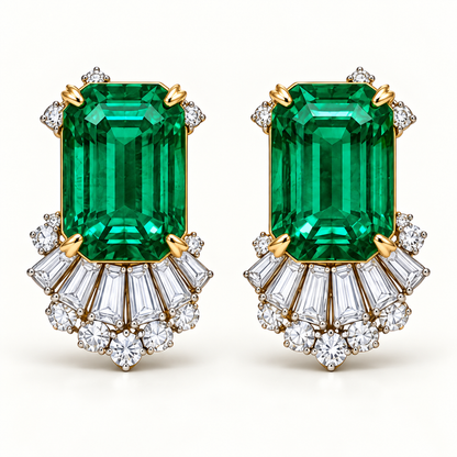 MISSISSI Verdant Fan GE26-E01, emerald cut green emerald earrings with white diamond accents; gold-color design visualization.