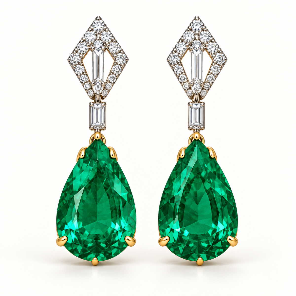 MISSISSI Verdant Kite GE26-E02, pear green emerald earrings with white diamond accents; gold-color design visualization.