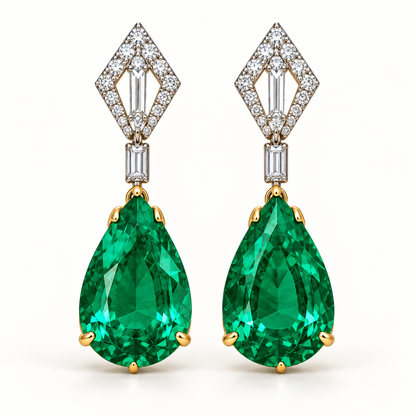 MISSISSI Verdant Kite GE26-E02, pear green emerald earrings with white diamond accents; gold-color design visualization.