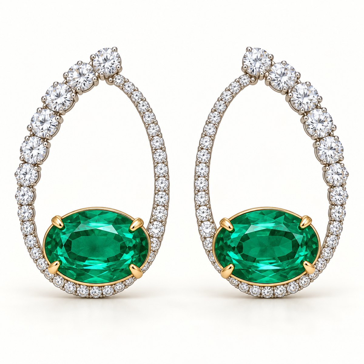 MISSISSI Verdant Orbit GE26-E03, oval green emerald earrings with white diamond accents; gold-color design visualization.