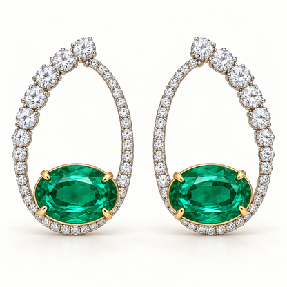 MISSISSI Verdant Orbit GE26-E03, oval green emerald earrings with white diamond accents; gold-color design visualization.