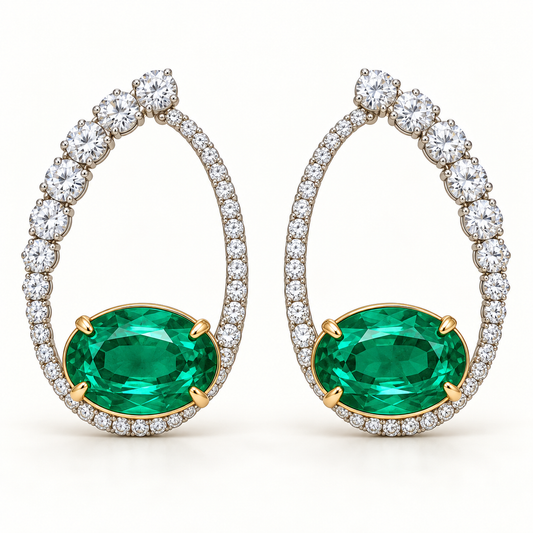MISSISSI Verdant Orbit GE26-E03, oval green emerald earrings with white diamond accents; gold-color design visualization.