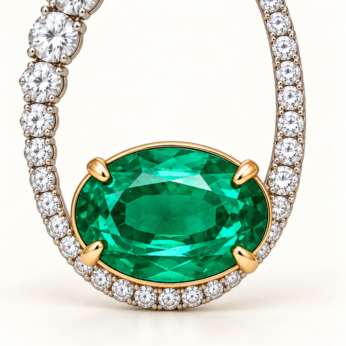 MISSISSI Verdant Orbit GE26-E03, oval emerald and diamond arc macro detail; gold-color design visualization.