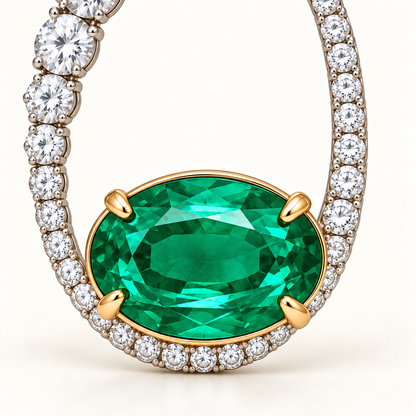 MISSISSI Verdant Orbit GE26-E03, oval emerald and diamond arc macro detail; gold-color design visualization.