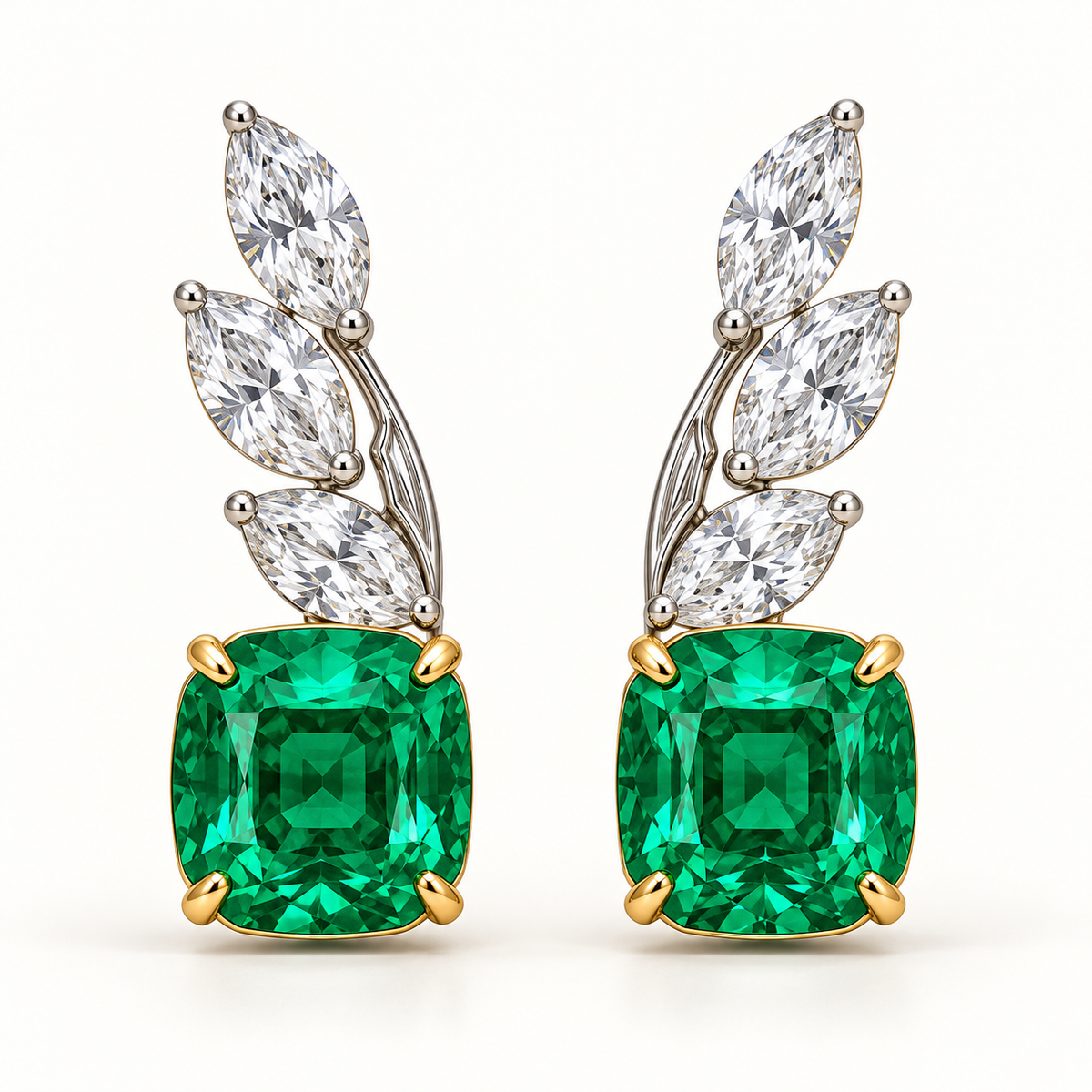 MISSISSI Verdant Frond GE26-E04, cushion green emerald earrings with white diamond accents; gold-color design visualization.