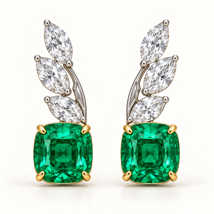 MISSISSI Verdant Frond GE26-E04, cushion green emerald earrings with white diamond accents; gold-color design visualization.