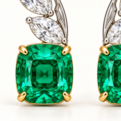 MISSISSI Verdant Frond GE26-E04, cushion emerald and leaf macro detail; gold-color design visualization.