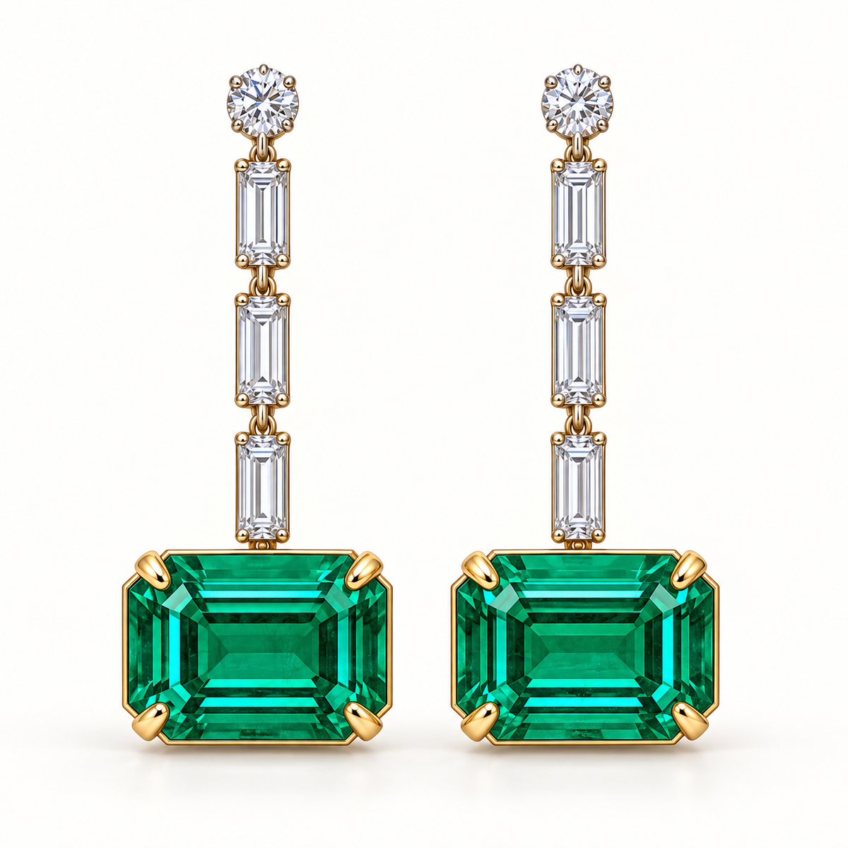 MISSISSI Verdant Column GE26-E05, emerald cut green emerald earrings with white diamond accents; gold-color design visualization.