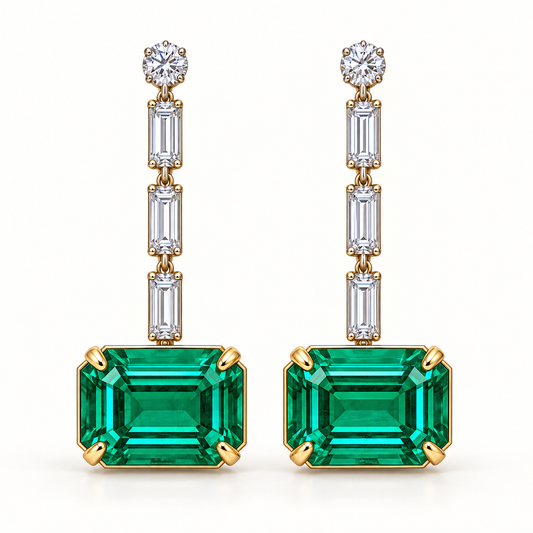 MISSISSI Verdant Column GE26-E05, emerald cut green emerald earrings with white diamond accents; gold-color design visualization.
