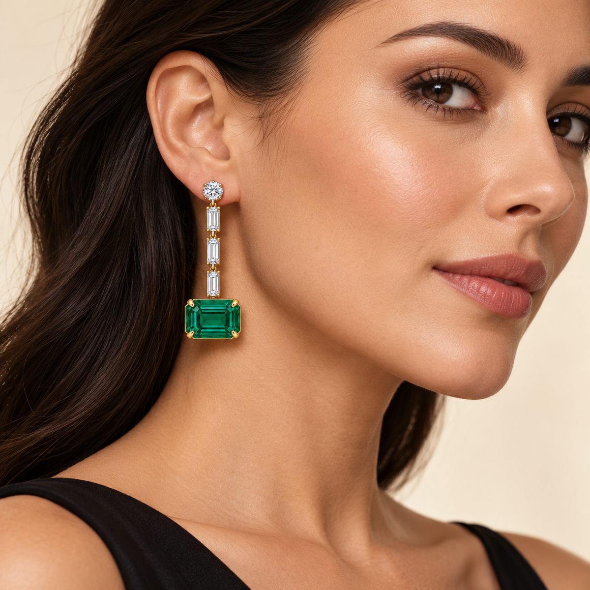 MISSISSI Verdant Column GE26-E05 on an adult model; AI-generated illustrative styling visualization, not a customer photograph or exact scale reference. Round diamond top, three baguette links and horizontal emerald-cut green emerald.