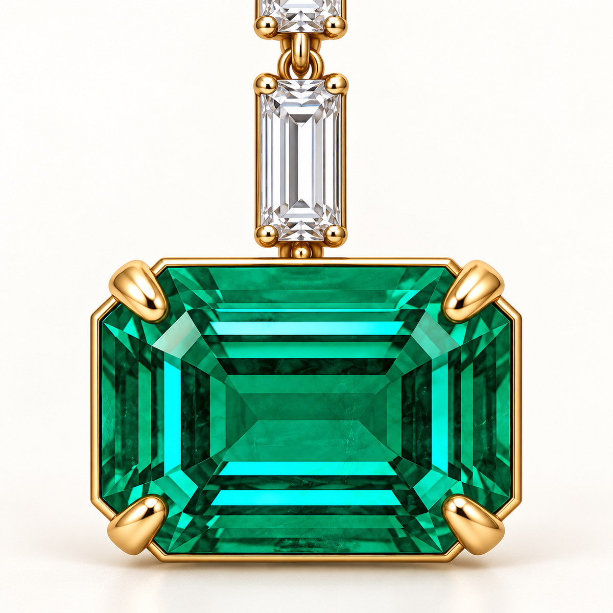 MISSISSI Verdant Column GE26-E05, emerald and baguette macro detail; gold-color design visualization.