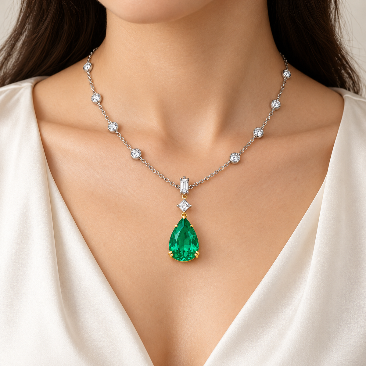 MISSISSI GE26-N03 emerald necklace worn with a cream blouse. Design visualization.