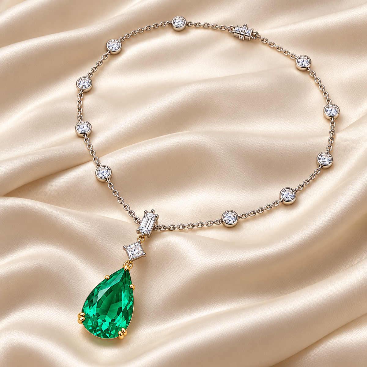 MISSISSI GE26-N03 complete emerald station necklace arranged diagonally on champagne silk. Design visualization.