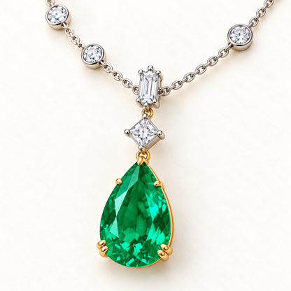 MISSISSI GE26-N03 emerald pendant and diamond connectors in a subtle oblique view. Design visualization.