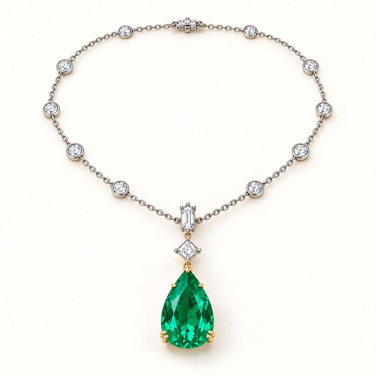 MISSISSI Verdant Cadence GE26-N03, pear green emerald necklace with white diamond accents; gold-color design visualization.