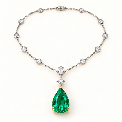 MISSISSI Verdant Cadence GE26-N03, pear green emerald necklace with white diamond accents; gold-color design visualization.