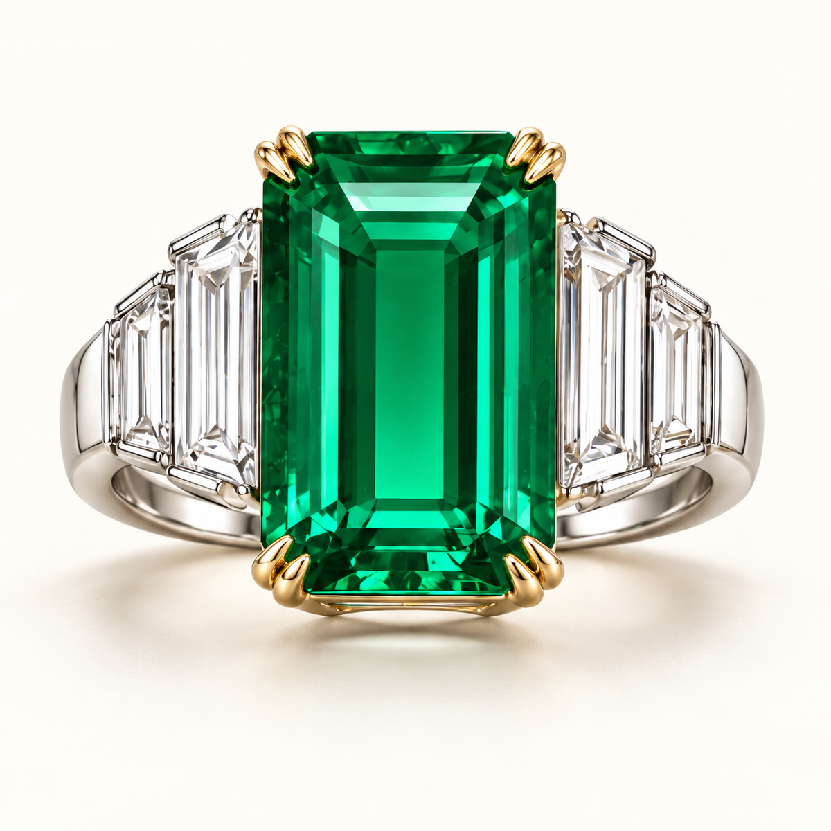MISSISSI Verdant Stair GE26-R01, emerald cut green emerald ring with white diamond accents; gold-color design visualization.