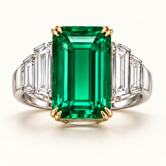 MISSISSI Verdant Stair GE26-R01, emerald cut green emerald ring with white diamond accents; gold-color design visualization.