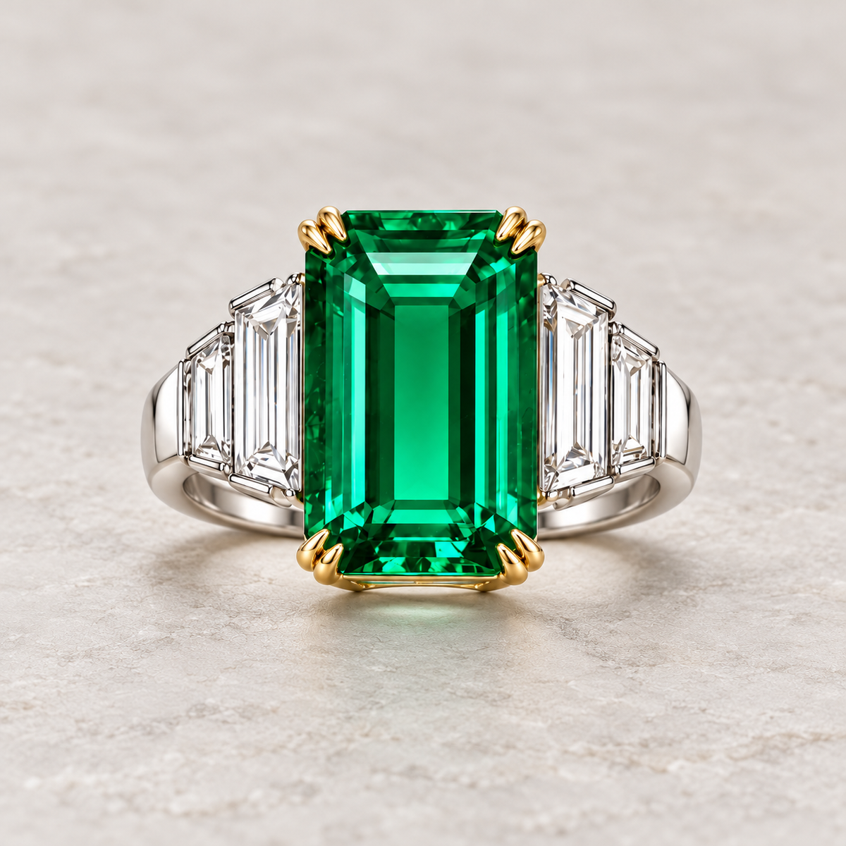 MISSISSI Verdant Stair GE26-R01 emerald-cut lab-grown emerald ring with graduated baguette accents on neutral stone. Design visualization.