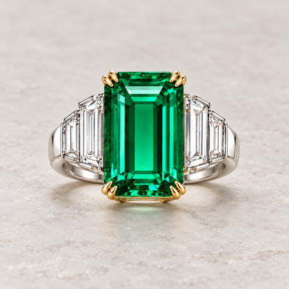 MISSISSI Verdant Stair GE26-R01 emerald-cut lab-grown emerald ring with graduated baguette accents on neutral stone. Design visualization.