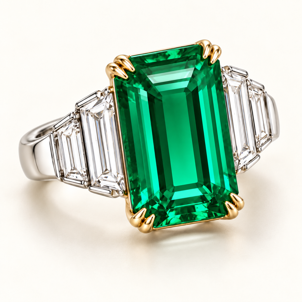 MISSISSI Verdant Stair GE26-R01 emerald-cut emerald ring, oblique view showing the graduated baguette shoulder and paired gold claws. Design visualization.