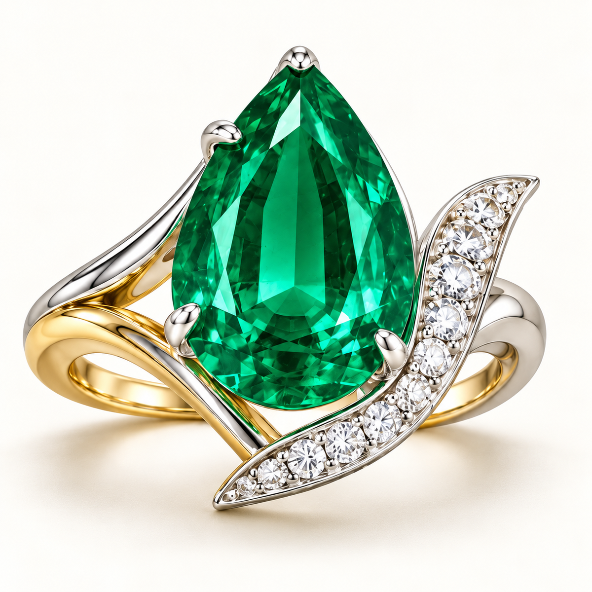 MISSISSI Verdant Swoop GE26-R04, pear green emerald ring with white diamond accents; gold-color design visualization.