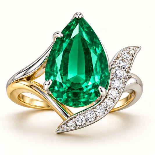 MISSISSI Verdant Swoop GE26-R04, pear green emerald ring with white diamond accents; gold-color design visualization.