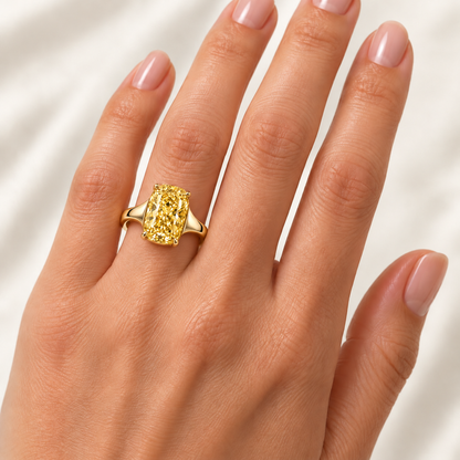 Golden Aperture elongated cushion lab-grown diamond ring, adult left-hand wearing design visualization