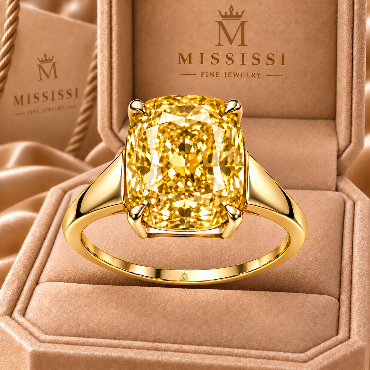 Golden Aperture yellow cushion lab-grown diamond ring, close-up design visualization in champagne MISSISSI packaging