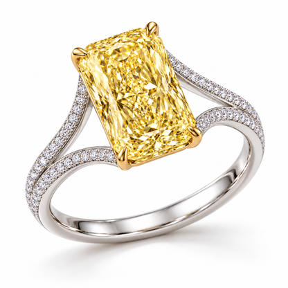 AI design preview of Golden Interval yellow radiant ring, hero with yellow prongs and white-colored split pavé band
