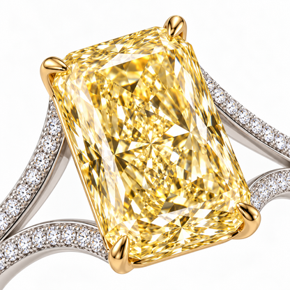 AI design preview of Golden Interval yellow radiant ring, yellow radiant and four-prong macro detail