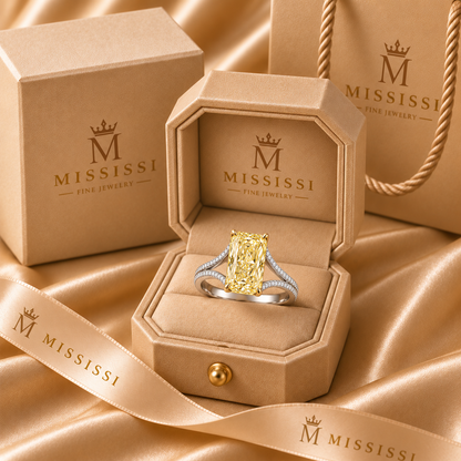 AI design preview of Golden Interval yellow radiant ring, approved champagne MISSISSI packaging