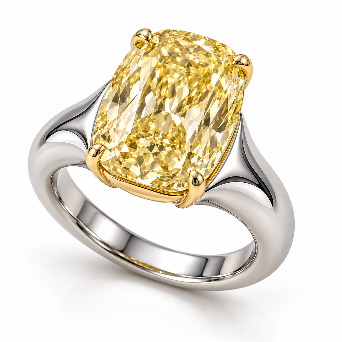 AI design preview of Golden Mantle yellow elongated cushion ring, hero with two-tone setting