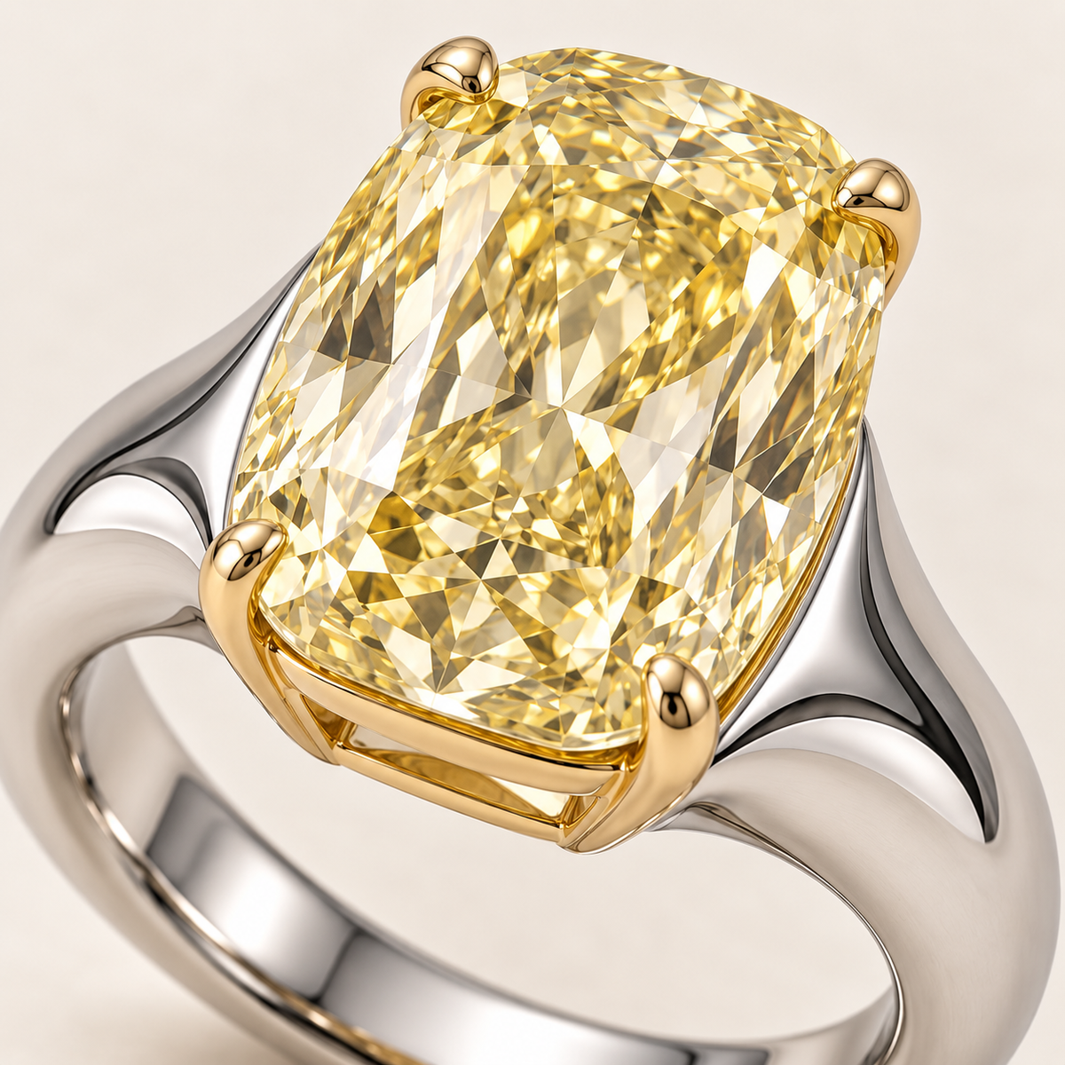 AI design preview of Golden Mantle yellow elongated cushion ring, setting detail