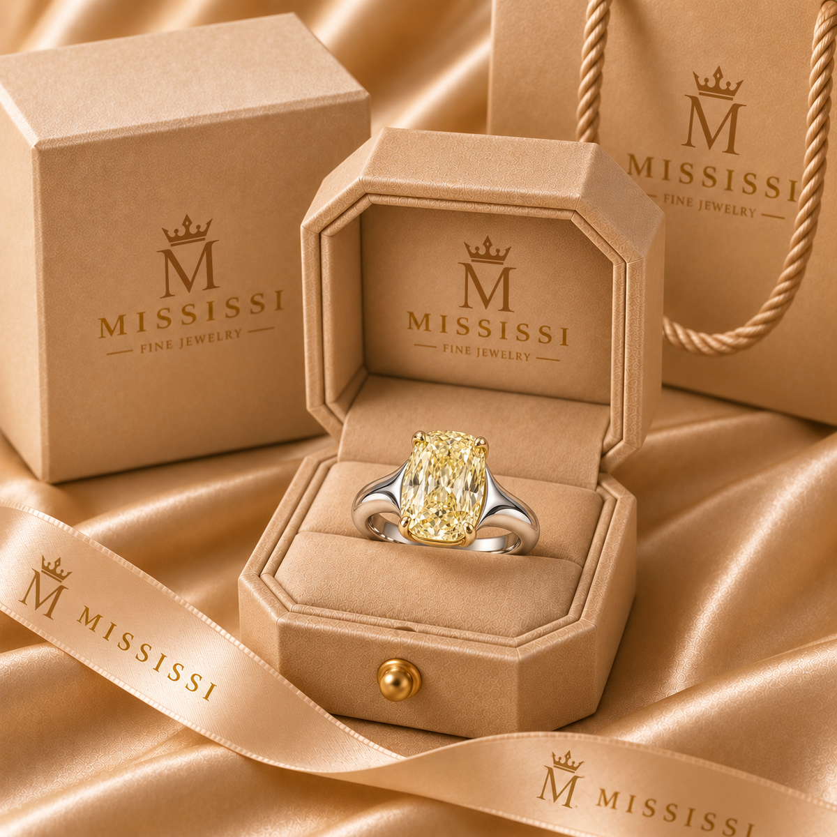 AI design preview of Golden Mantle yellow elongated cushion ring, approved champagne MISSISSI packaging