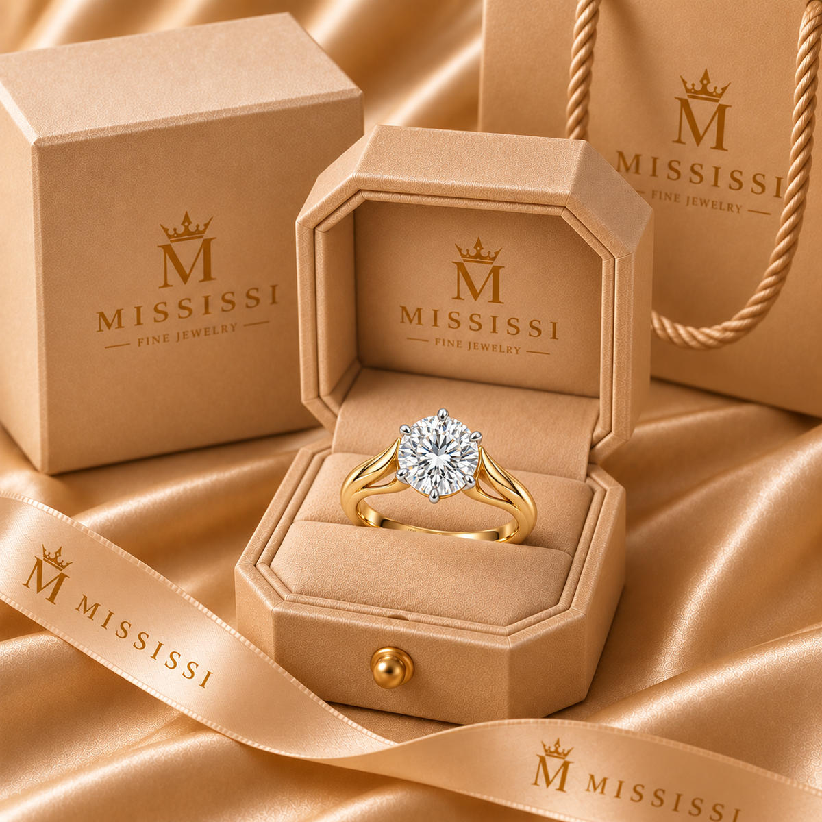 Arcform white round lab-grown diamond ring, in the approved champagne MISSISSI ring box
