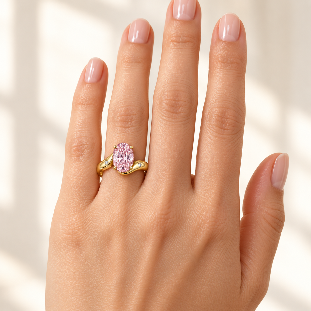Sillage pink oval lab-grown diamond ring, worn on the left-hand ring finger