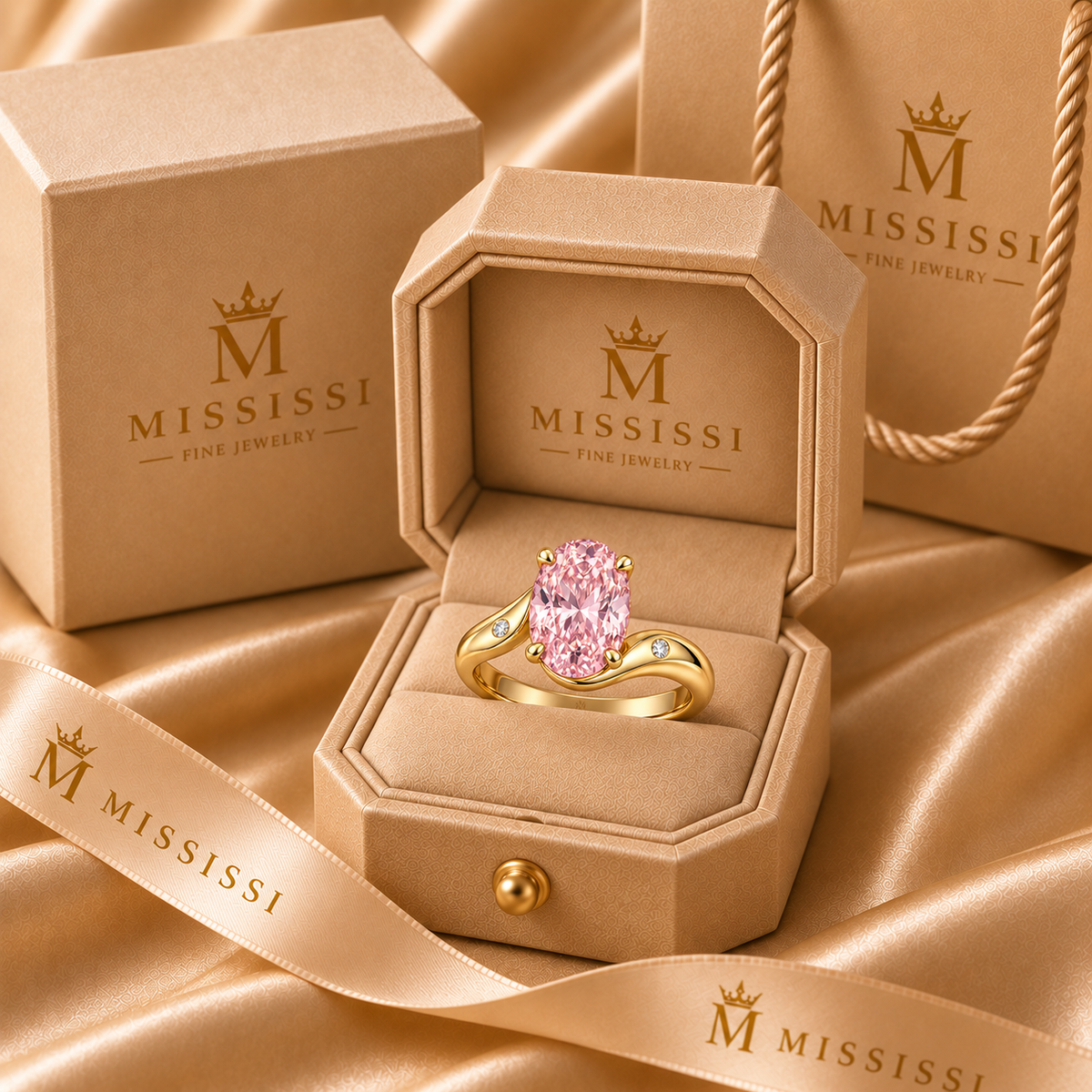 Sillage pink oval lab-grown diamond ring, in the approved champagne MISSISSI ring box