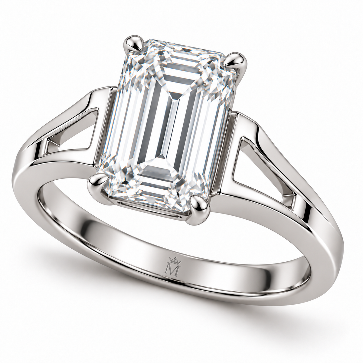 Echelon Arc emerald lab-grown diamond ring, elevated three-quarter design visualization