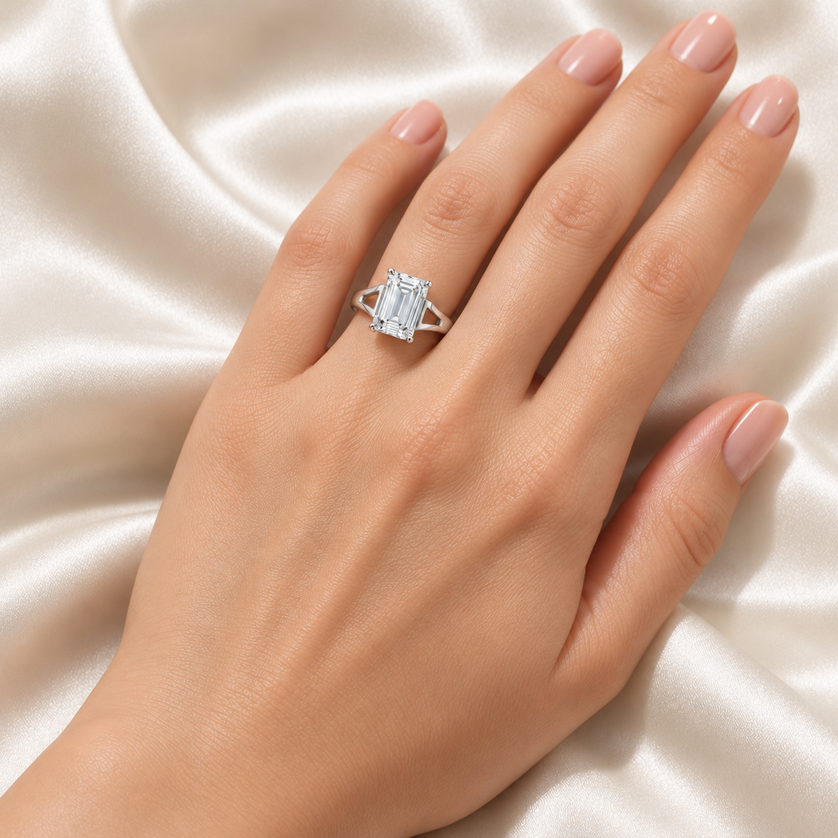 Echelon Arc emerald lab-grown diamond ring, adult left-hand wearing design visualization