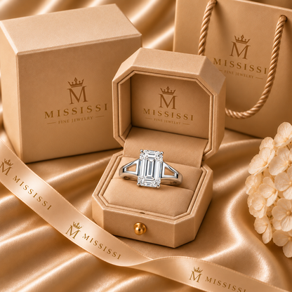 Echelon Arc emerald lab-grown diamond ring, champagne MISSISSI packaging design visualization