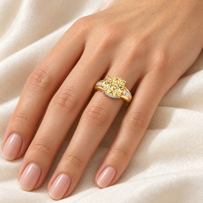 Golden Ledge cushion lab-grown diamond ring, adult left-hand wearing design visualization