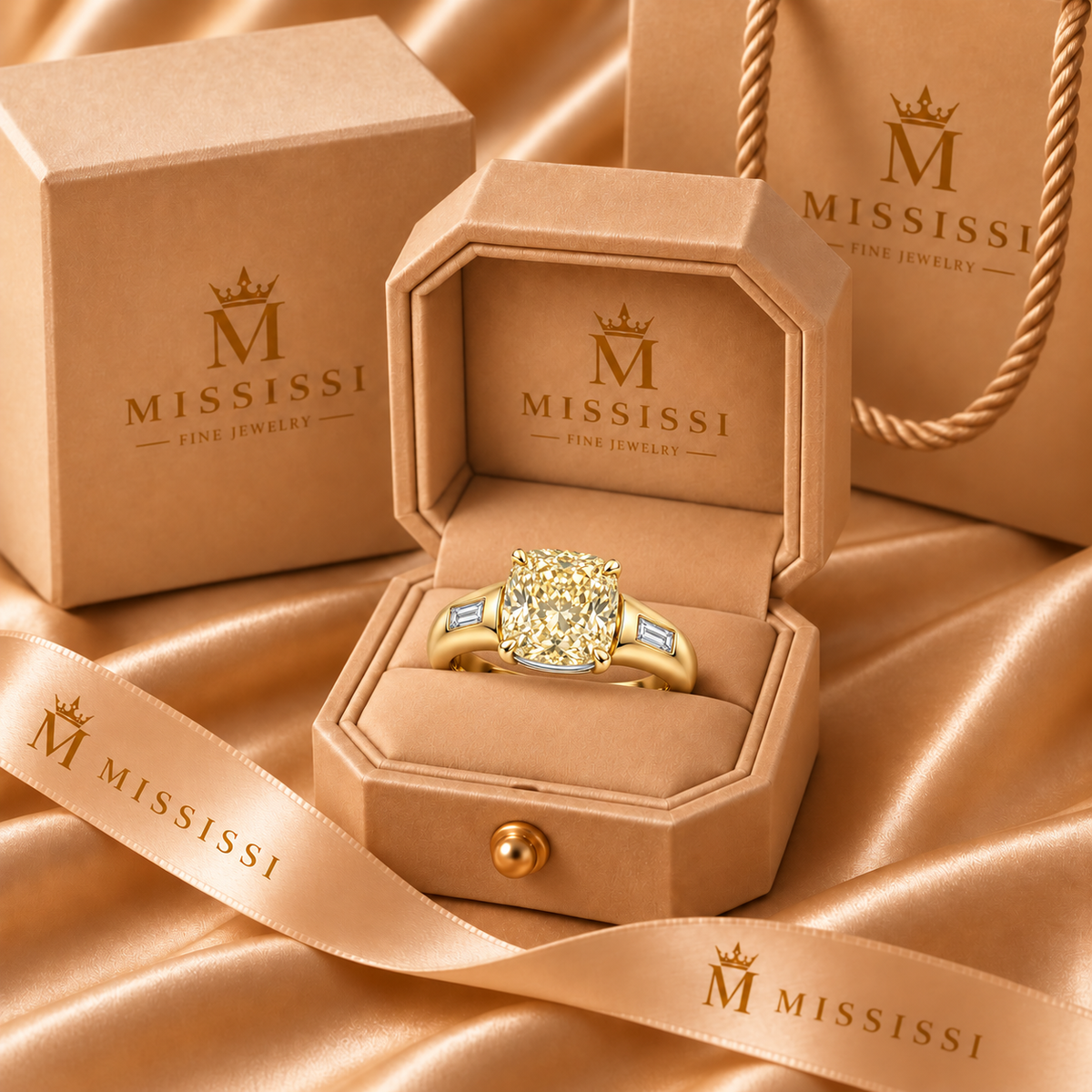 Golden Ledge cushion lab-grown diamond ring, champagne MISSISSI packaging design visualization
